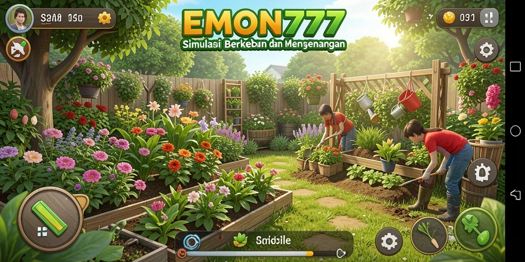 Tangkapan layar EMON777 menunjukkan gameplay berkebun yang menarik dan interaktif.
