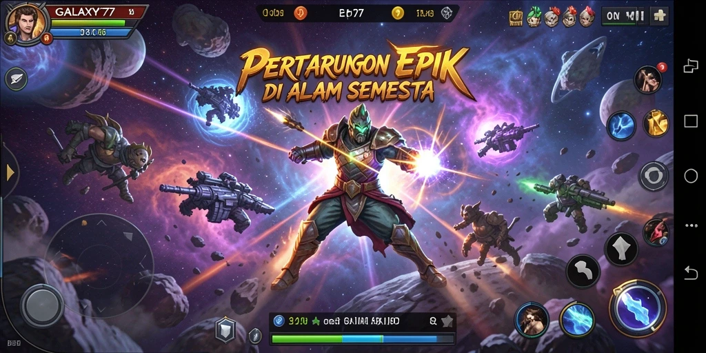 Tangkapan layar menunjukkan karakter bertarung dengan latar belakang galaksi yang megah.