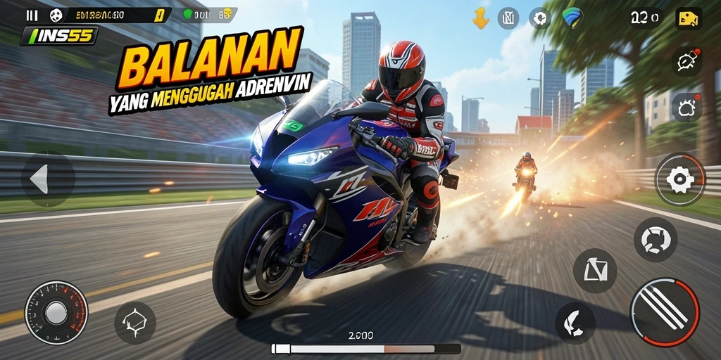 Tampilan gameplay menegangkan dalam balapan motor yang seru.
